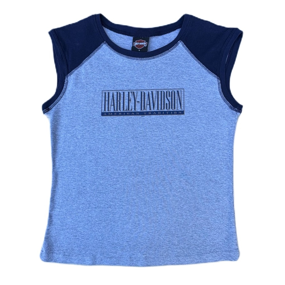 Vintage Y2K Harley Davidson Gray Navy Blue Graphic Sleeveless Baby Tee Top
